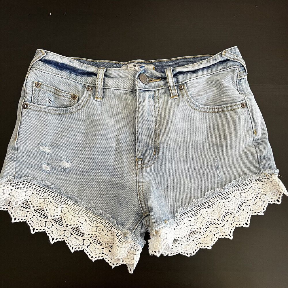 Free People Lacey Lace Trim Denim Shorts Distressed Size 24 We The Free‎